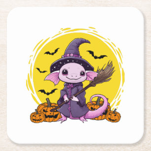 Cute Axolotl Witch Halloween Square Paper Coaster