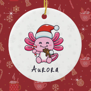Cute Axolotl with Santa Hat & Candy Cane Christmas Ceramic Tree Decoration