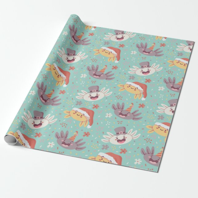 Cute Axolotl Xmas Christmas Pattern Kawaii Animal Wrapping Paper (Unrolled)