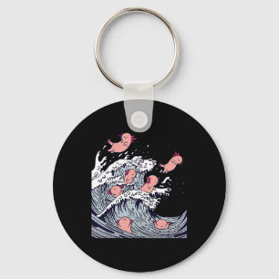 Cute Axolotls Surfing On Wave , Funny Japanese Wav Key Ring
