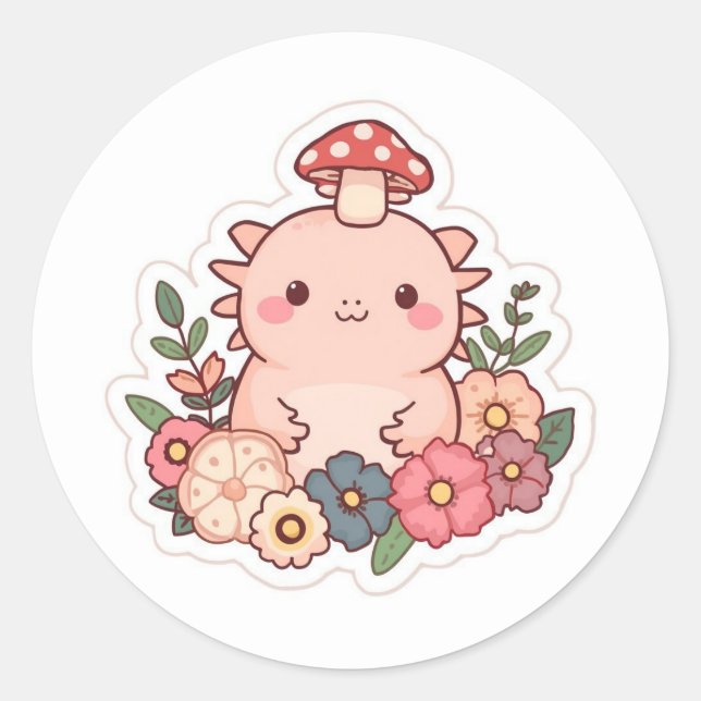 Cute axolotxl mushroom classic round sticker (Front)