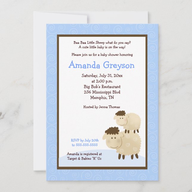 Cute Baa Baa Sheep 5x7 Baby Shower Invite Blue (Front)