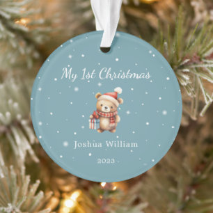 Cute Baby 1st Christmas Photo Blue Simple Ornament