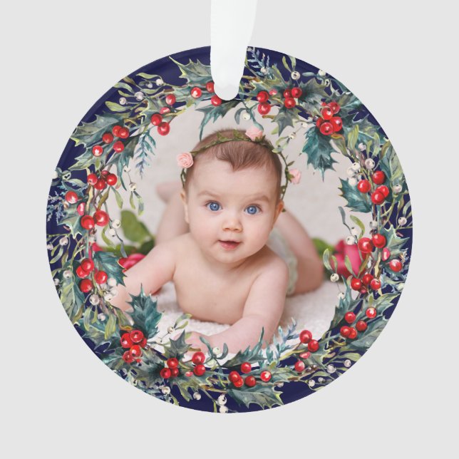 Cute Baby 1st first Christmas Floral Wreath  photo Ornament (Front)