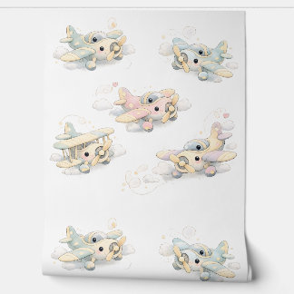Cute Baby Airplanes Watercolor Nursery Baby Room Wallpaper