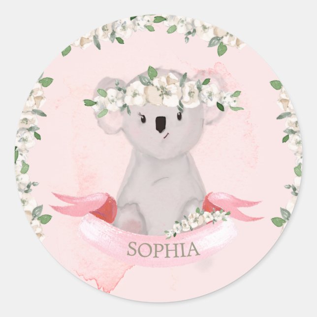 Cute Baby Animal Koala Pink Floral  Classic Round Sticker (Front)