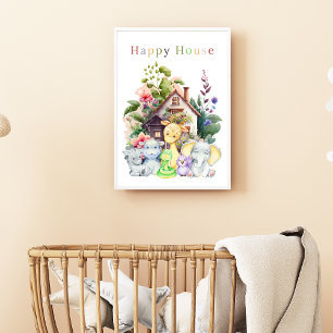 Cute Baby Animals And Happy House   Colourful Text Poster
