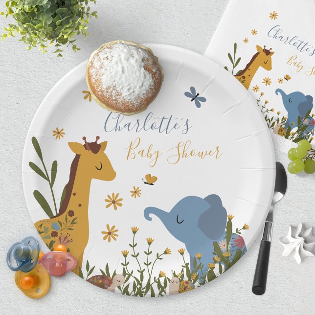 Cute Baby Animals Floral Baby Shower Round Paper Plate (Wild Giraffe Elephant Snail Turtle Baby Shower Paper Plates ©Susanne Sachers - Sunny Mind Design 🌞)