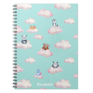 Cute baby animals on clouds monogram notebook