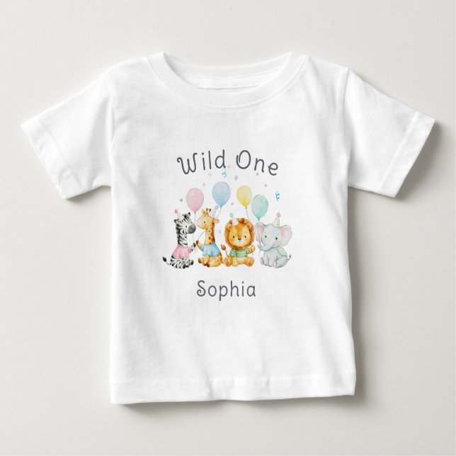 Cute Baby Animals Wild One 1st Birthday T-Shirt (Front)