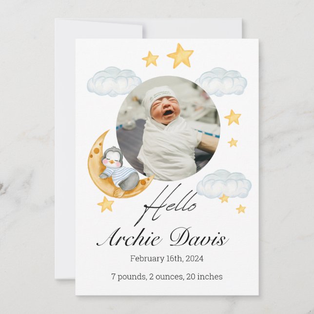 Cute baby  announcement with a baby penguin  (Front)