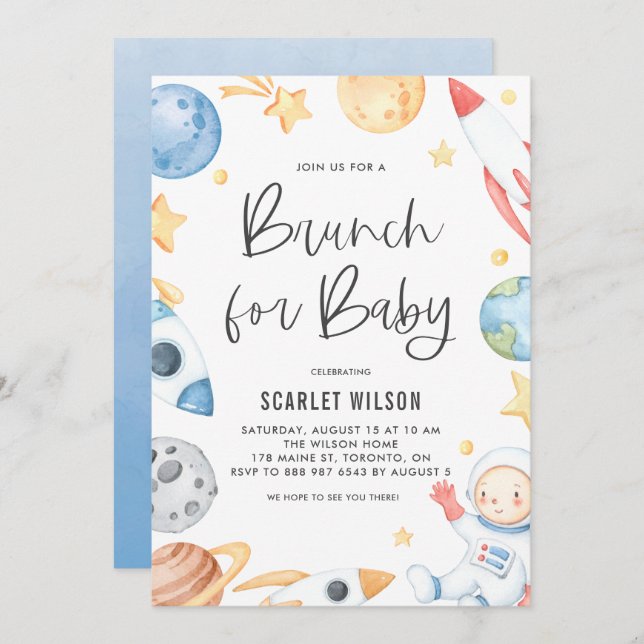 Cute Baby Astronaut Space Theme Brunch for Baby Invitation (Front/Back)