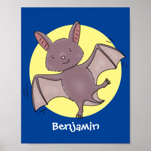 Cute baby bat flying cartoon illustration poster