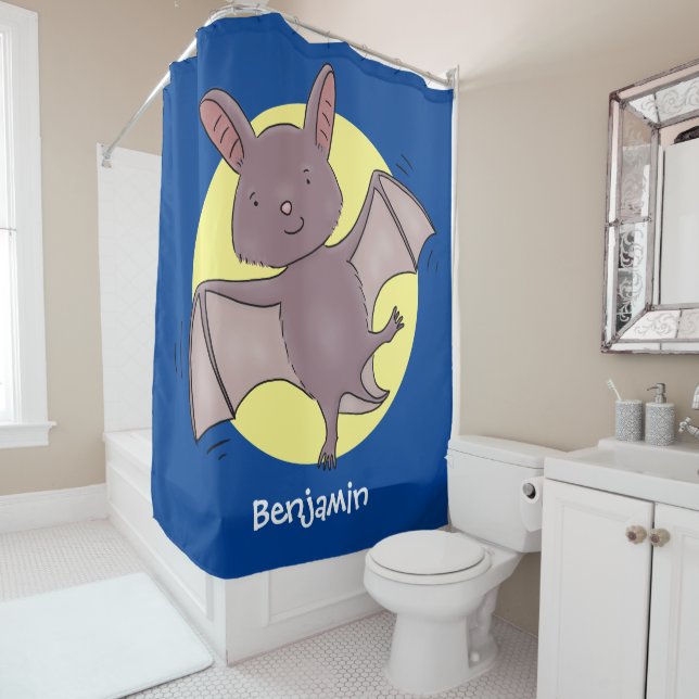 Cute baby bat flying cartoon illustration shower curtain (In Situ)