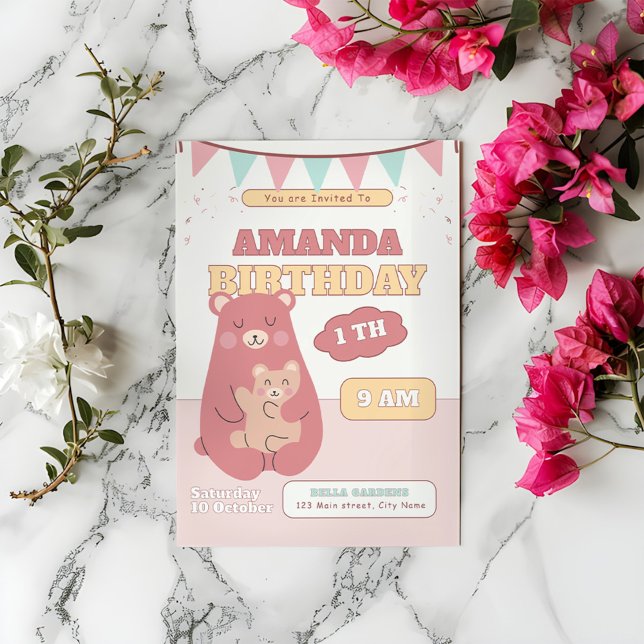 Cute Baby Bear 1st Birthday Invitation (Creator Uploaded)