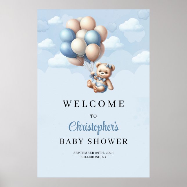 Cute baby bear balloons Boy Baby Shower Welcome Poster (Front)