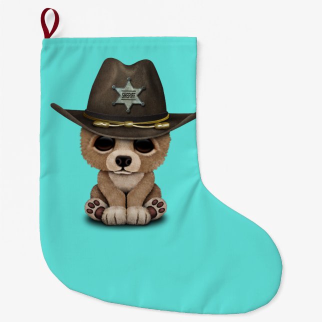 Cute Baby Bear Cub Sheriff Large Christmas Stocking (Front)