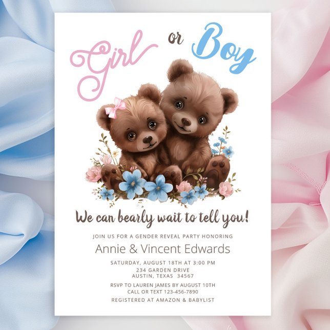 Cute Baby Bear Cubs Gender Reveal Party Invitation (Adorable baby boy and girl bear cubs with pretty pink and blue flowers. Simply add your details.)