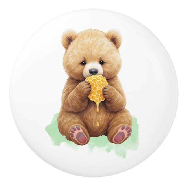 Cute Baby Bear Cup eating Honey Ceramic Knob (Front)
