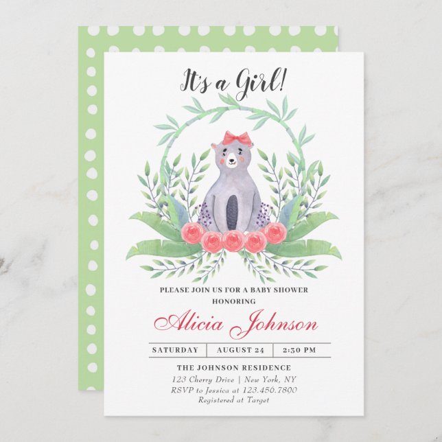 Cute Baby Bear Girl Baby Shower Invitation (Front/Back)