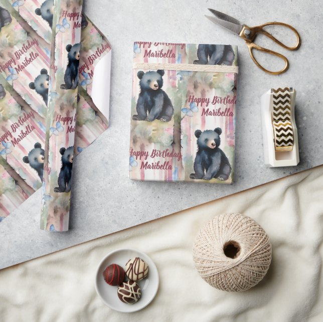 Cute Baby Bear Girl Personalised Birthday Wrapping Paper (Crafts)