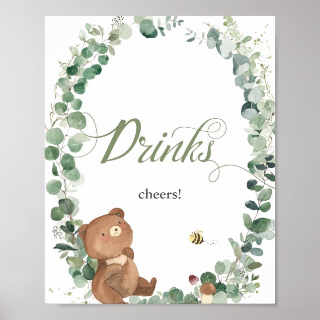 Cute Baby Bear Greenery Baby Shower Drinks Sign (Front)