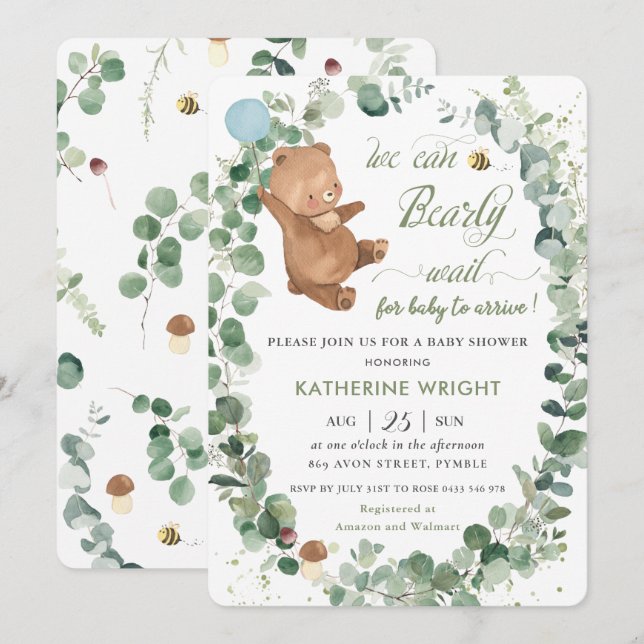 Cute Baby Bear Greenery Boy Baby Shower Invitation (Front/Back)