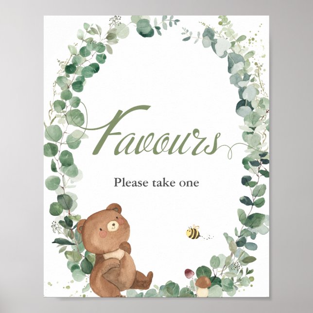Cute Baby Bear Greenery Favours Please Take One  Poster (Front)