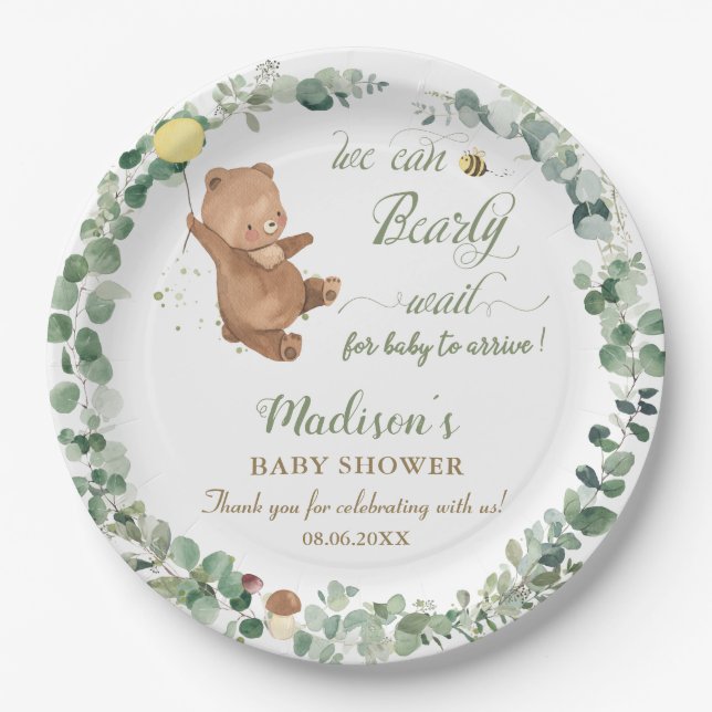 Cute Baby Bear Greenery Gender Neutral Baby Shower Paper Plate (Front)