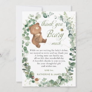 Cute Baby Bear Greenery Gender Neutral Shower Thank You Card