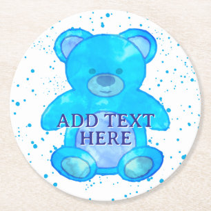 Cute Baby Bear In Blue Custom Text Round Paper Coaster