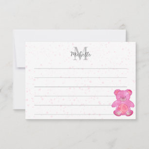 Cute Baby Bear In Pink Custom Lined Monogram Card