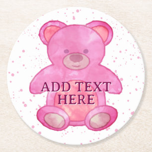 Cute Baby Bear In Pink Custom Text Round Paper Coaster