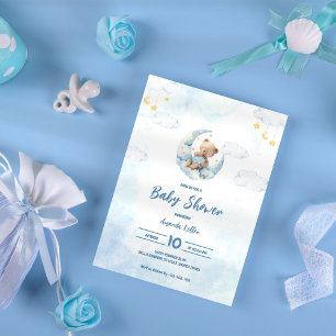Cute Baby Bear on Moon Baby Shower Invitation