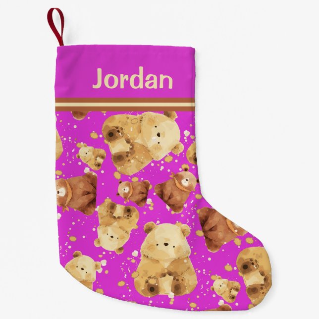 Cute Baby Bear Pink Add Name Small Christmas Stocking (Front)