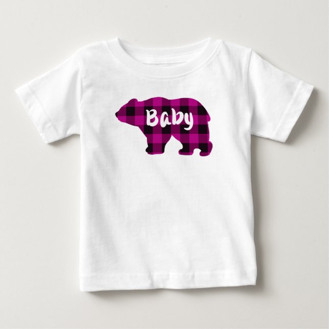 Cute baby bear pink black plaid pattern T-Shirt (Front)