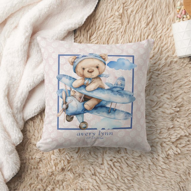 Cute Baby Bear & Toy Aeroplane Nursery  Cushion (Blanket)