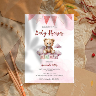 Cute Baby Bear Watercolor Baby Shower Invitation