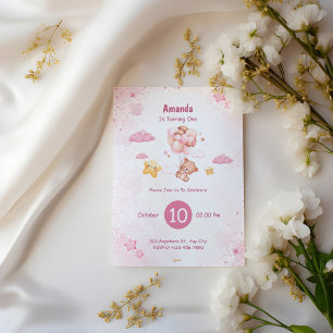 Cute Baby Bear with Balloons 1st Birthday Invitation