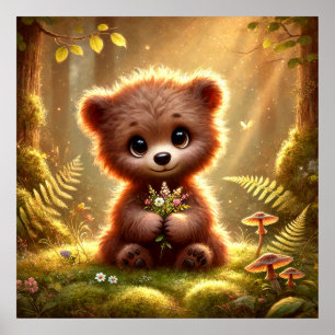 Cute Baby Bear with Flowers in Enchanted Forest Poster