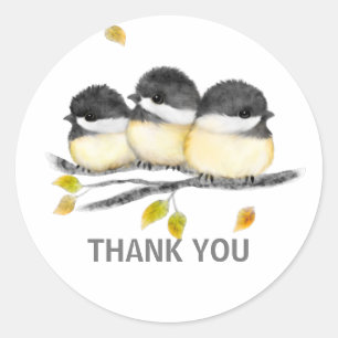 Cute Baby Bird 3 Chickadees on Tree Branch Classic Round Sticker