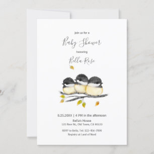 Cute Baby Bird 3 Chickadees on Tree Branch Invitation