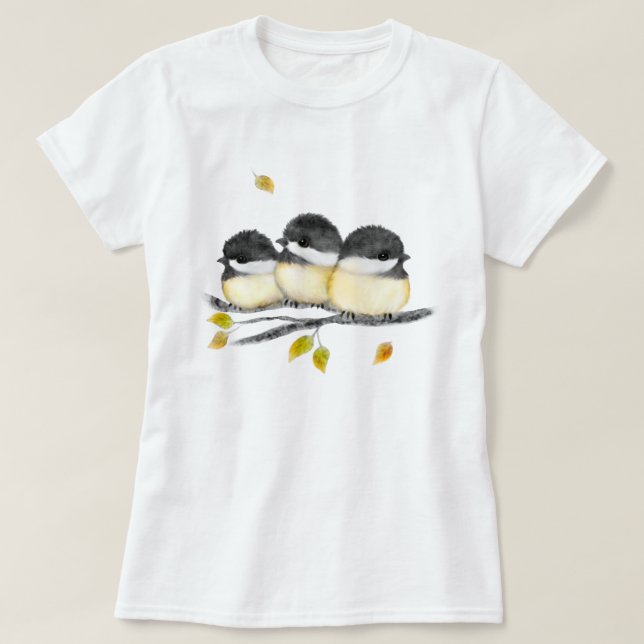 Cute Baby Bird 3 Chickadees on Tree Branch T-Shirt (Design Front)