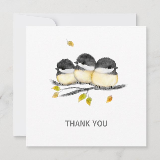 Cute Baby Bird 3 Chickadees on Tree Branch Thank You Card (Front)