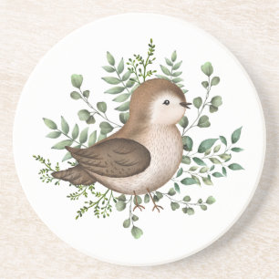 Cute Baby Bird Forest Greenery Woodland Pattern Coaster