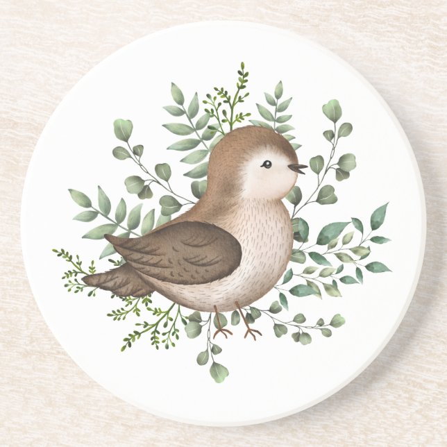 Cute Baby Bird Forest Greenery Woodland Pattern Coaster (Front)