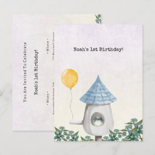 Cute Baby Bird With Yellow Balloon Invitation Postcard