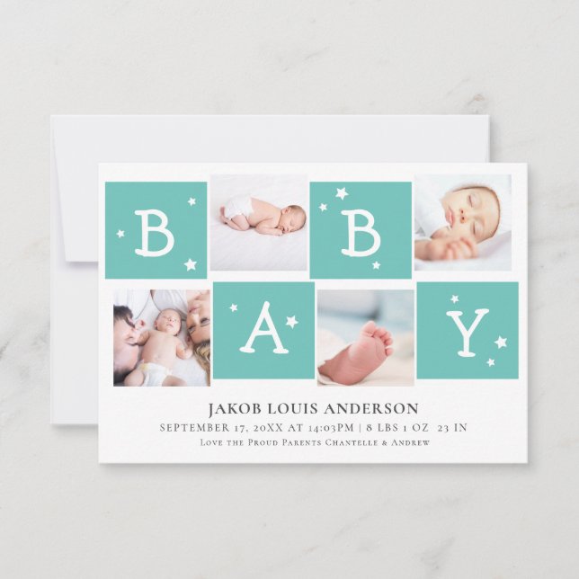Cute BABY Block Photo Collage Newborn Baby | Teal Announcement (Front)