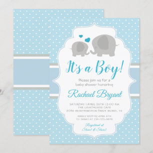 Cute Baby Blue Boy Elephant Baby Shower Invitation