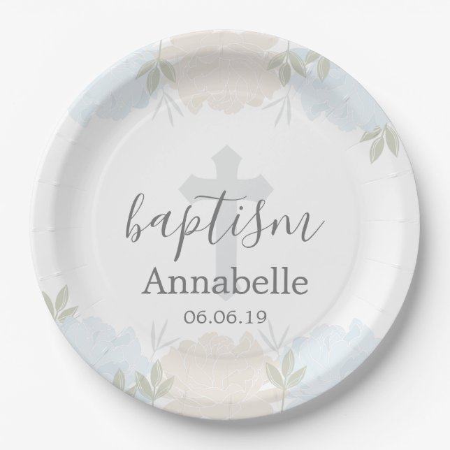Cute Baby Blue Floral Baby Baptism Paper Plate (Front)